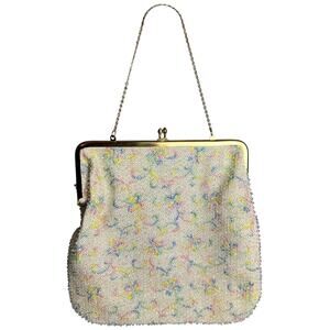 Vintage Corde Bead Microbeaded Evening Clutch Pastel Floral Kiss Lock Bag